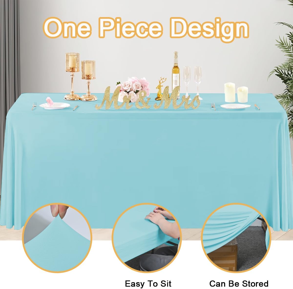 HAORUI Open Back Table Skirts, 4Pack Rectangle Wrinkle Resistant Table Clothes, Ruffles Elastic Table Cover for Banquets, Weddings, Parties (6ft Baby Blue)