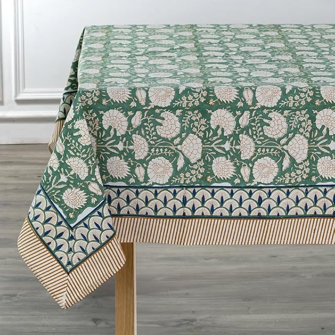 Ridhi Hand Block Print Turquoise Moss Green Rectangle Cotton Tablecloth 118" x 70" Reusable Table Cover Decorative Everyday Use for Dining, Farmhouse, Home Gift for Spring, Easter, Valentine