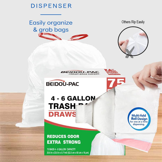 Trash Bags 4-6 Gallon Drawstring, 75 Count Garbage Bags, Medium Kitchen Trash Bags, Odorless & Heavy Duty White Plastic Food Scrap Bags for Bathroom Bedroom Office Waste