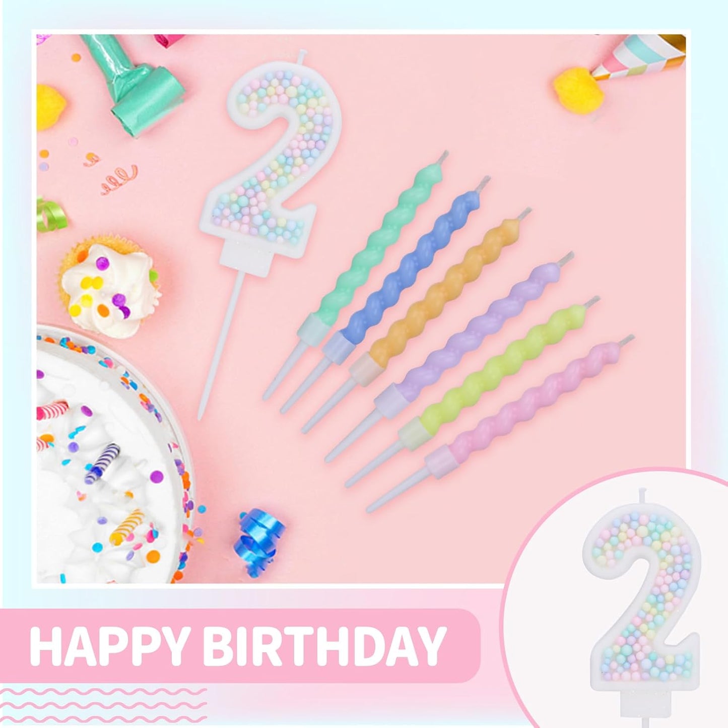 Number 2 Birthday Candles for Cake with 13 Pieces Spiral Candles with Macaron Pastel Rainbow Pink Cake Toppers for Girls Happy Birthday Party Decorations