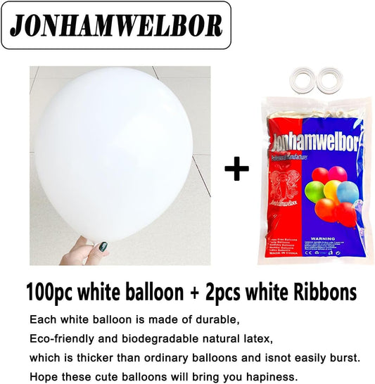 Jonhamwelbor White Balloons 12inch 100 Pack Matte White Latex Helium Balloons for Wedding Engagement Birthday Baby Shower Party Decorations (with Ribbon)