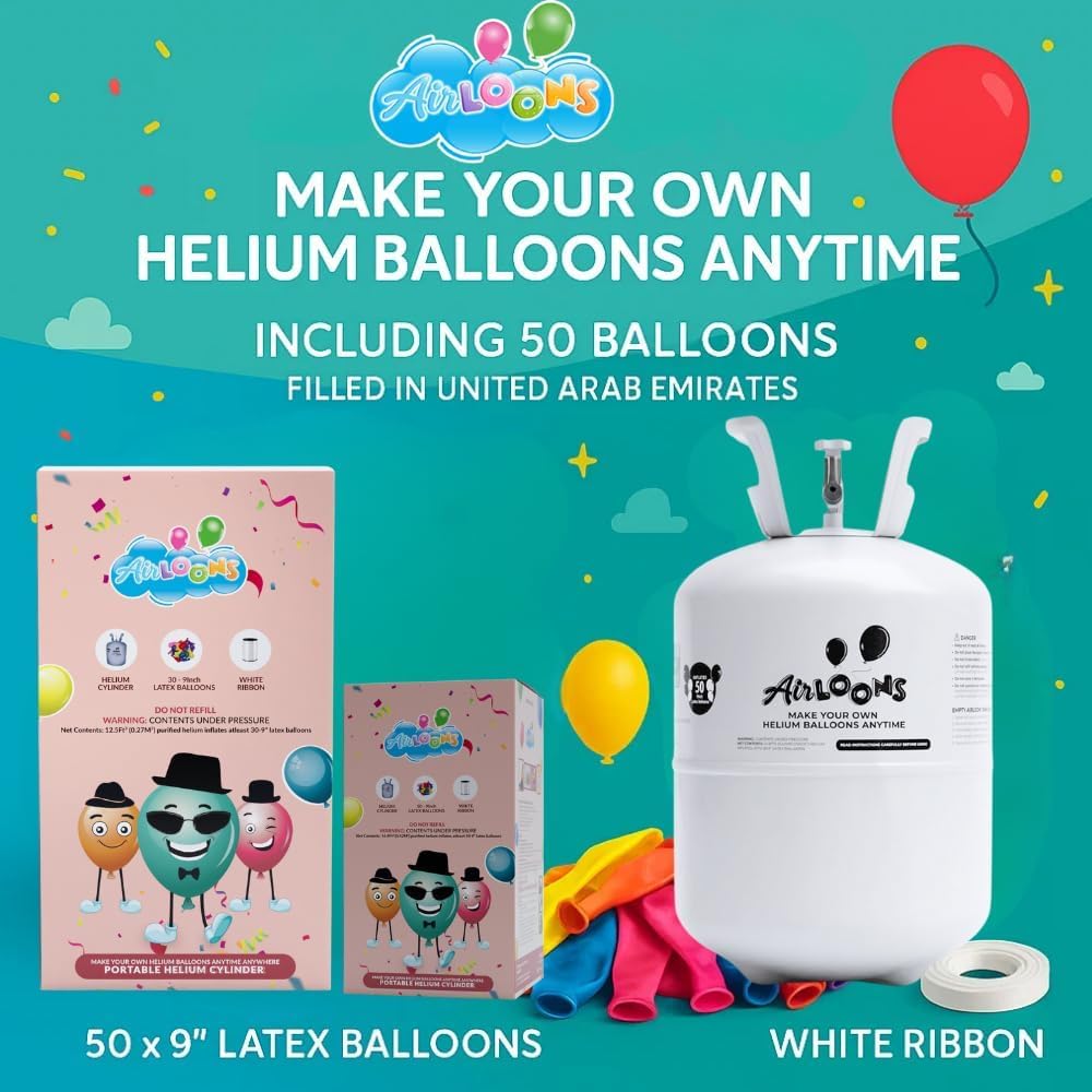 Airloons Helium Balloon Kit with 14.9 Cu Ft Tank – Includes 50 Multicolor 9 inch Latex Balloons, Ribbon & Easy to Fill Nozzle – Easy Setup for Birthdays, Weddings, Baby Showers, DIY Party Décor