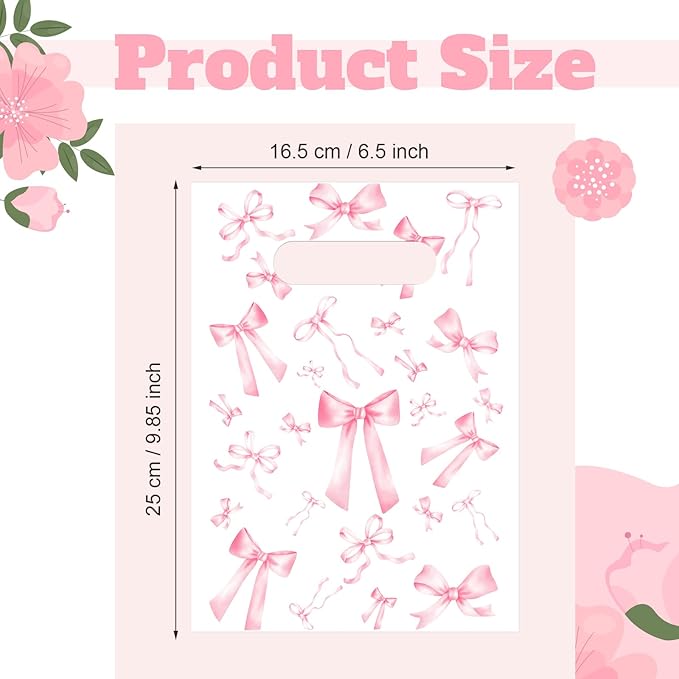 Supervitae 100 Pcs Easter Plastic Pink Bow Gift Bags Coquette Bow Party Favor Bags Bulk with Handle for Birthday Wedding Bridal Shower Spring Easter Goodie Candy Treat Bachelorette Party Supplies
