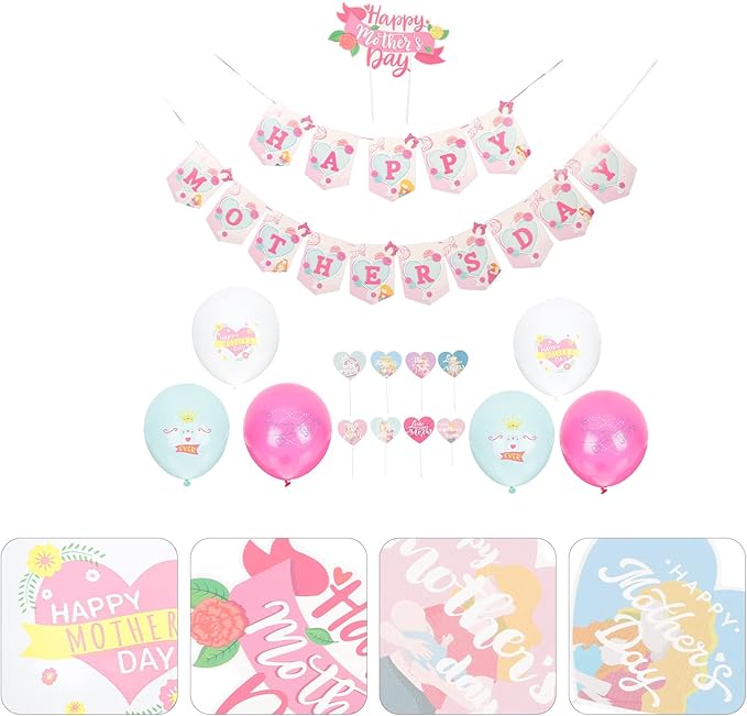 LOGOFUN Mothers Day Party Decorations Kit with Balloons Banners Cake Toppers for Festive Scene Setup and Celebration Supplies