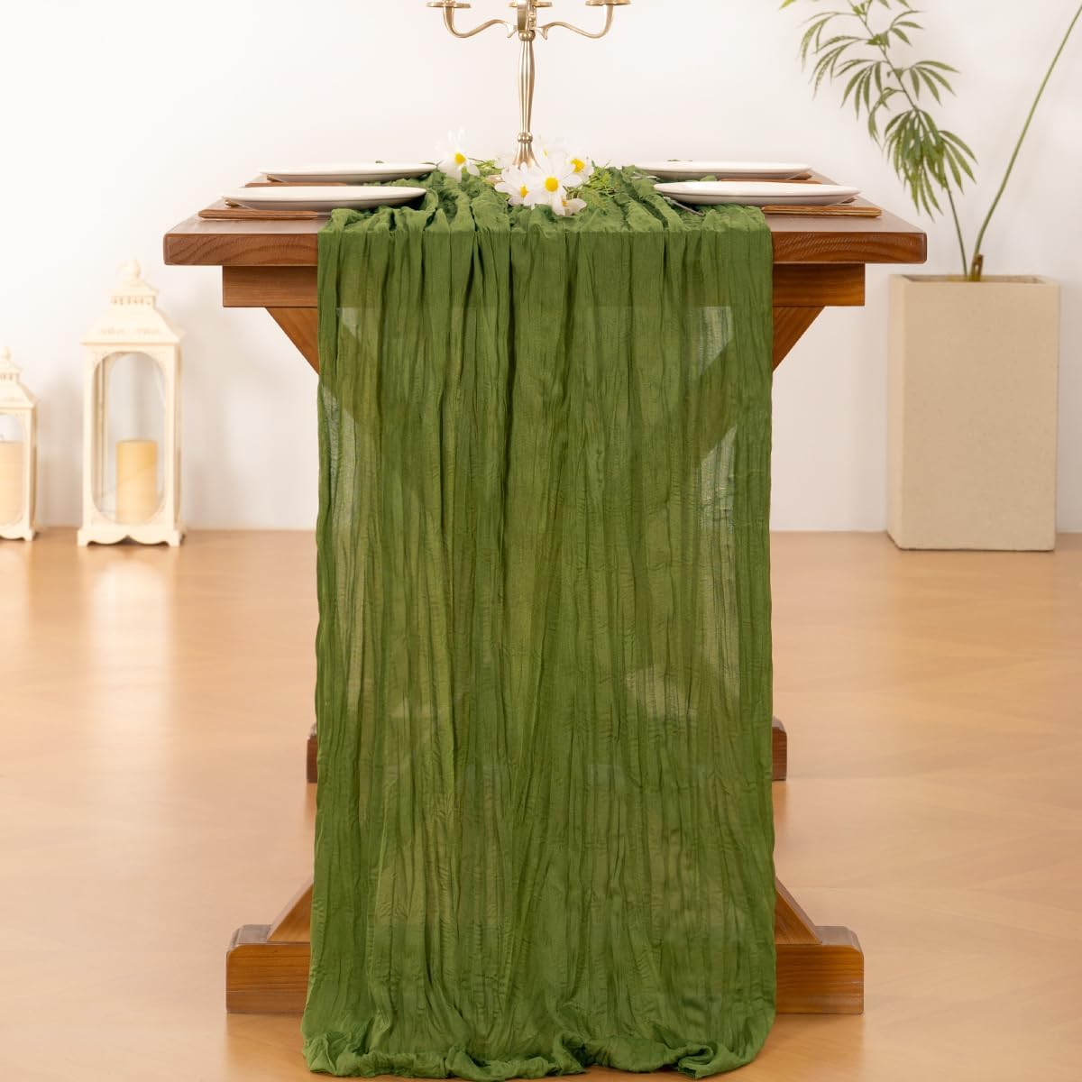 Socomi 3pcs Olive Green Fall Thanksgiving Cheesecloth Table Runner Boho Rustic Gauze 120 inch 10FT Cheese Cloth Runner for Wedding Party Baby Shower Birthday Home Decor Holiday Decorations