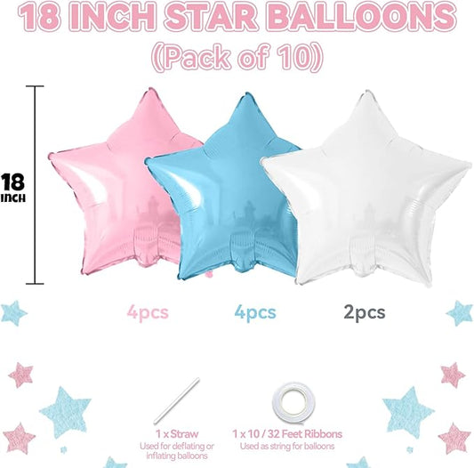 Pink Blue White Star Foil Balloons, 10PCS Foil Stars Shape Balloons, 18 Inch Metallic Light Pink Blue Stars Balloon Helium for Girls Boys Birthday, Gender Reveal, Baby Shower Party Decoration