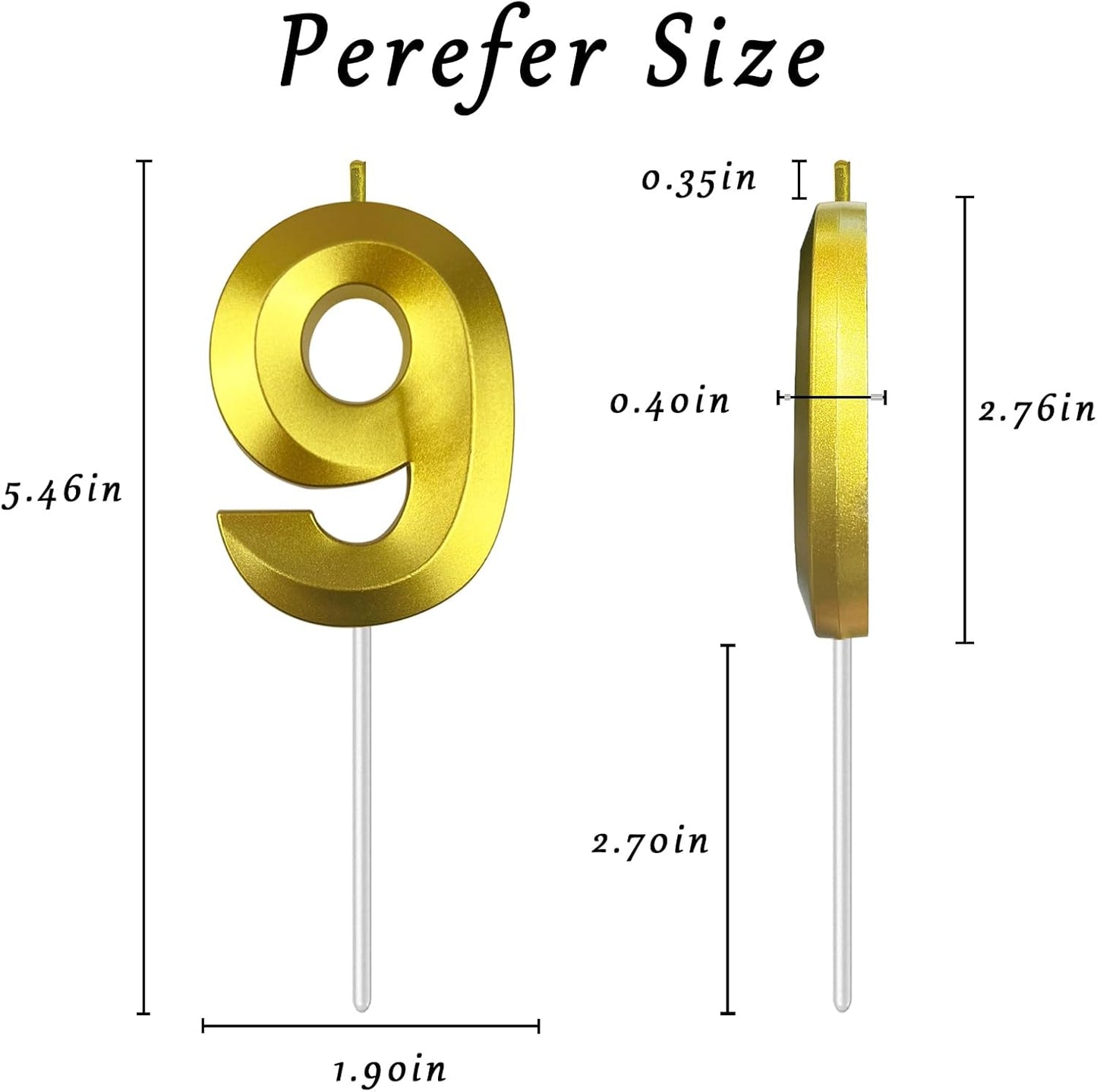 Gold Number 9 Candles, 3D Diamond 2.76 Inch Cake Topper Birthday Candles for Wedding Anniversary Cake Decorations, Happy Birthday Party Decorations