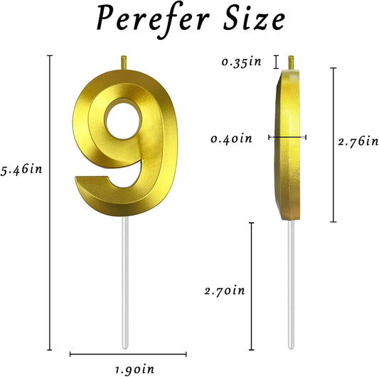 Gold Number 9 Candles, 3D Diamond 2.76 Inch Cake Topper Birthday Candles for Wedding Anniversary Cake Decorations, Happy Birthday Party Decorations