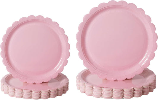 BEFORYOU 50PCS Scalloped Disposable Paper Plates Dessert Cake Party Plates for Baby Shower, Wedding,Bridal Shower Birthday Party Supplies (Pink, 7IN and 9IN)