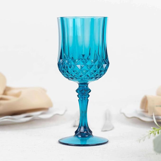 Efavormart 6 Pack Ocean Blue Crystal Cut Reusable Plastic Wine Glasses, Shatterproof Cocktail Goblets 8oz