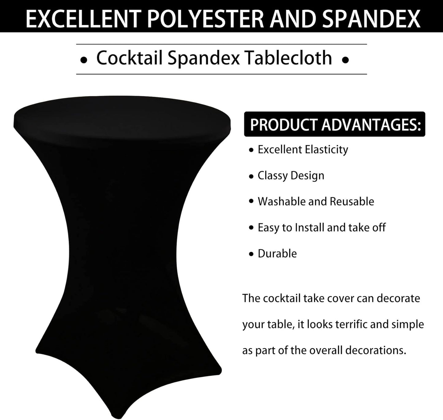 3 Pack Cocktail Spandex Tablecloth 32"x43" Cocktail Table Cover Fitted for High Top Round Table for Bar Wedding Birthday Party Banquet (Black)