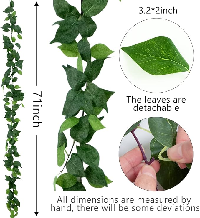 3Pcs Artificial Greenery Ivy Vines Kit, 6FT Odorless Silk Ivy Garland, Green Leaves Fake Hanging Plants, for Boho Decor, Home, Classroom, Wall, Party and Wedding Decoration