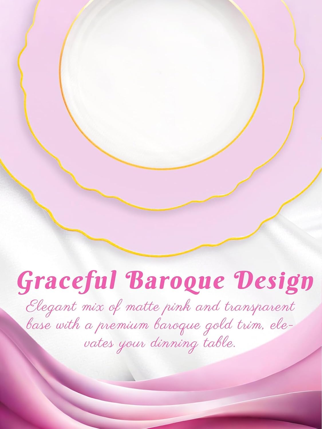 WDF 60Pcs Pink Plates Disposable with Gold Rim - Baroque Clear Pink and Gold Plastic Party Plates Ideal for Wedding/Baby Shower