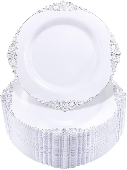Hioasis 100pcs White Silver Plastic Plates for Party - 7.5" Dessert Plates Disposable, Heavy -duty, Classy and Elegant for Wedding