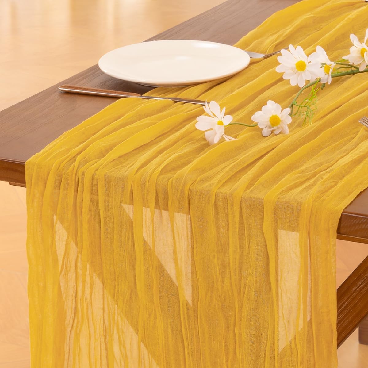 Socomi 3pcs Gold Yellow Fall Thanksgiving Cheesecloth Table Runner Boho Rustic Gauze 120 inch 10FT Cheese Cloth Runner for Wedding Party Baby Shower Birthday Home Decor Holiday Decorations