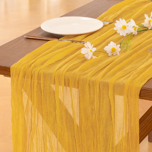 Socomi 6pcs Gold Yellow Fall Thanksgiving Cheesecloth Table Runner Boho Rustic Gauze 120 inch 10FT Cheese Cloth Runner for Wedding Party Baby Shower Birthday Home Decor Holiday Decorations