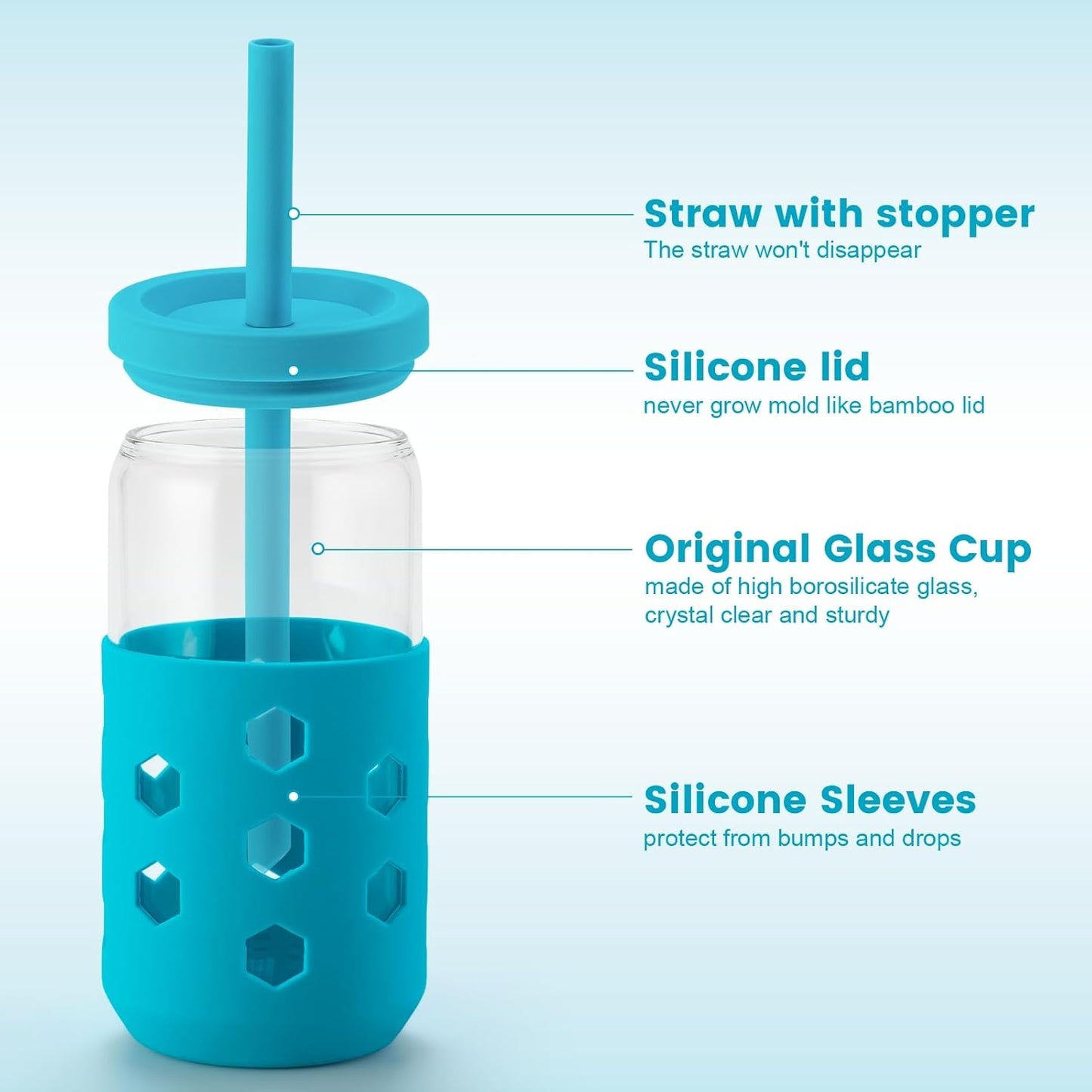 Glass Cups with Silicone Lids and Straws (4 Pcs), 16oz Drinking Glasses Set with Silicone Sleeves for Coffee Bar Accessories Iced Coffee Cups with Lids, Glass Tumbler Reusable for Gifts