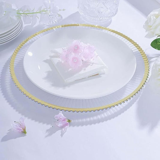 Efavormart 6 Pack | 13" Round Starburst Pattern Clear Plastic Charger Plates with Gold Wavy Rim