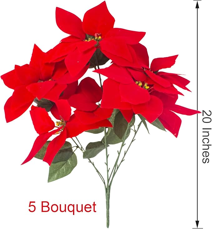 5 Artificial Poinsettia Flowers Bouquet Christmas 7 Heads 19.6”Faux Red Poinsettia Bush Fake Flowers for Home Porch Xmas Tree Garden Indoor Outdoor Office Christmas Decorations