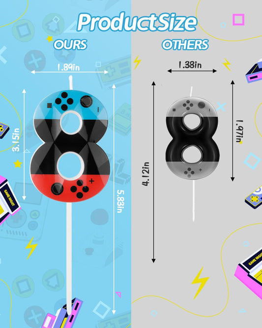 Number 8 Level Birthday Candles, 2.68 inch Gamer Candles, Red Blue Birthday Candles, Game Controller Gamepad Candles,Video Game Controller Themed Kids Boy Girl Party Supplies
