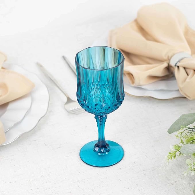 Efavormart 6 Pack Ocean Blue Crystal Cut Reusable Plastic Wine Glasses, Shatterproof Cocktail Goblets 8oz