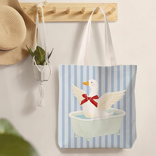 Coquette Red Bow Goose Tote Bag for Women,Funny Wash Goose Canvas Tote Bag,Gifts for Goose Lovers,Blue Striped Aesthetic Reusable Shopping Grocery Bags Party Favors