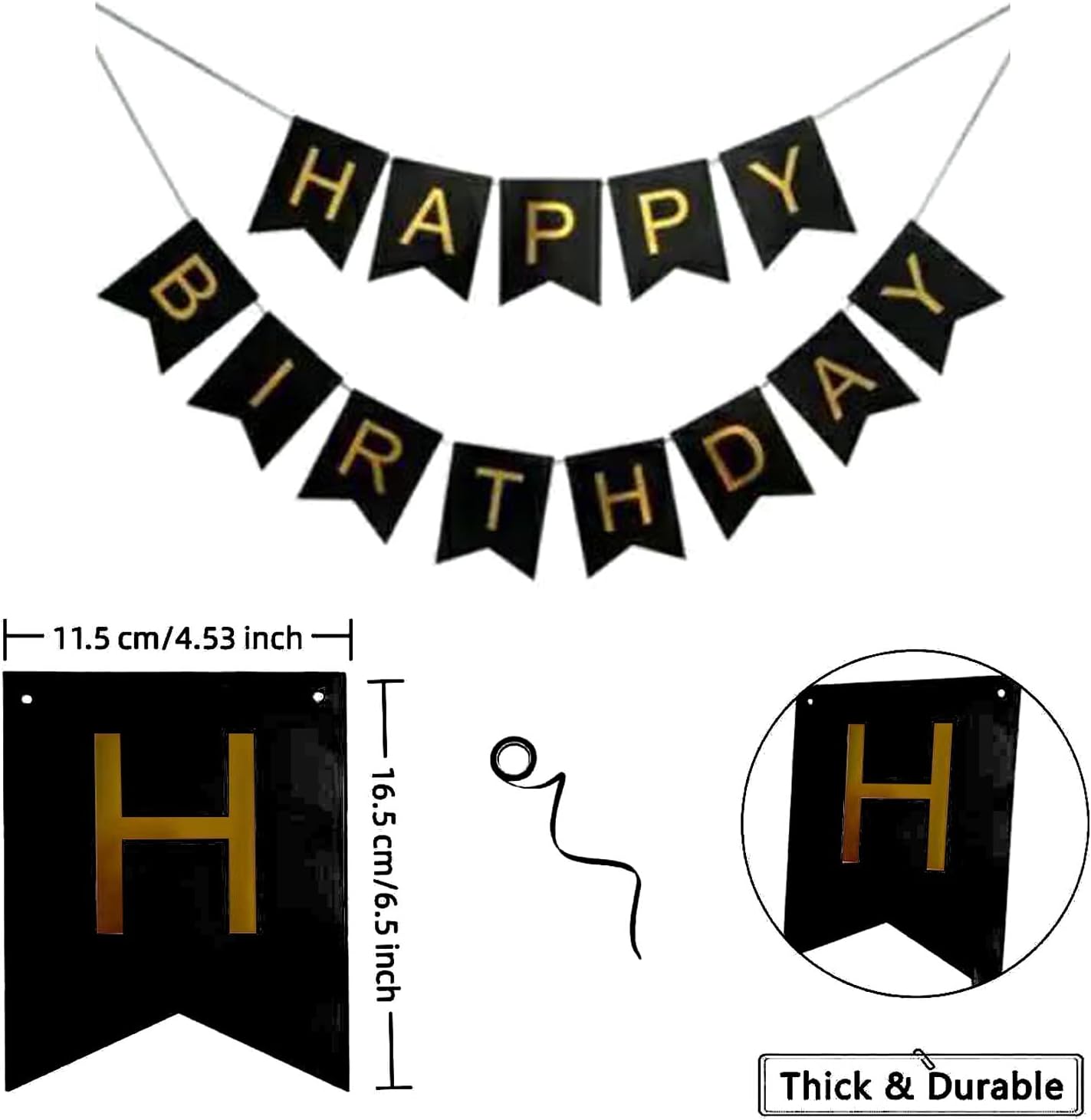 Black Happy Birthday Banner - Large Gold Lettered Decor for Birthday Party, Reusable Black & Gold Party Supplies for Boys, Girls, Men, Women