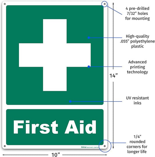 Brimar - 10" x 14" - First Aid Sign - Polyethylene Plastic - Bold Text And Symbol - Easy Installation