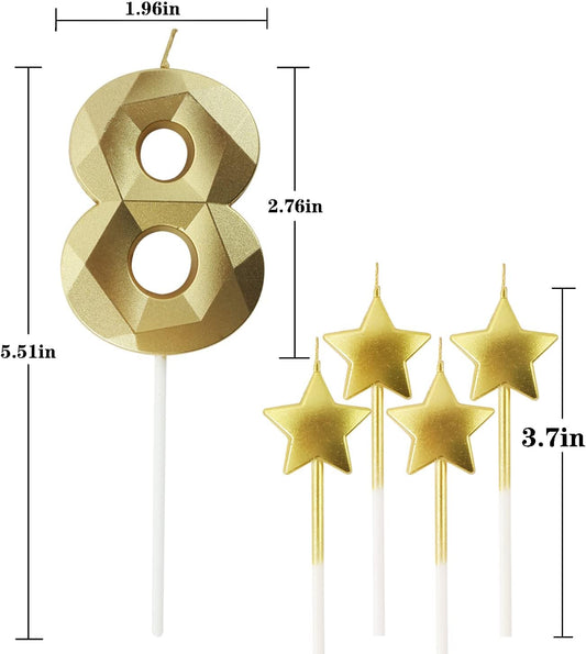 Golden Number 8 Birthday Candles and Star Birthday Candles 2.76 inch Birthday Cake Candles 3D Diamond Shaped Candles are Suitable for Birthday Parties and Anniversary Cake Decorations Candles(Gold 8)