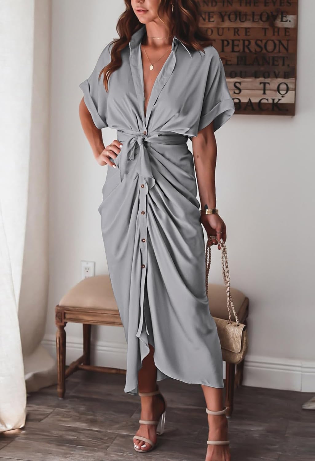 Women Elegant Satin Button Down Short Sleeve Maxi Shirt Dress with Belt