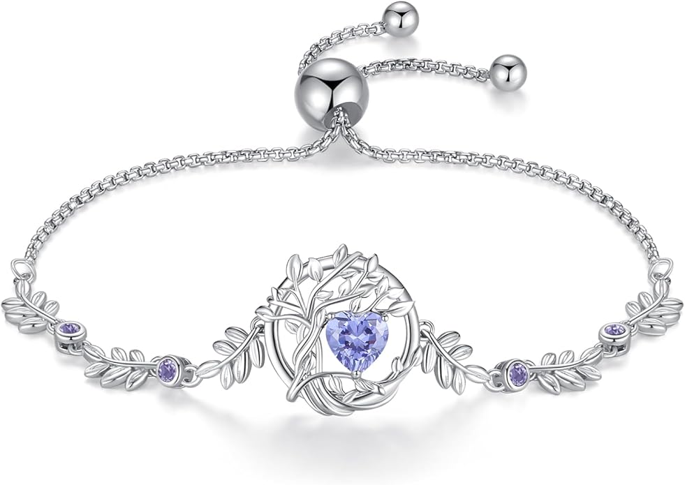 FANCIME Valentines Day Gift Tree of life Birthstone Bracelet for Women Sterling Silver Tree Jewelry Birthstone Charm Bracelet Gemstone Anniversary Birthday Gifts for Wife Mom Her