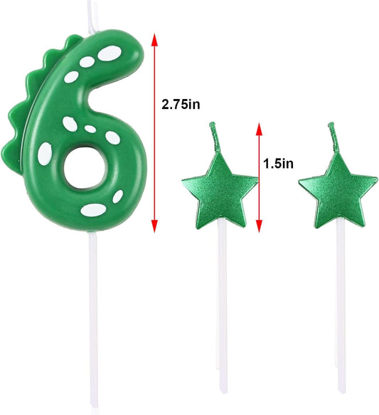 2.75 Inch Green Dinosaur Shaped 6 Number Birthday Candles and Star Birthday Candles,Suitable for Dinosaur Birthday Decorations & Themed Parties Celebration