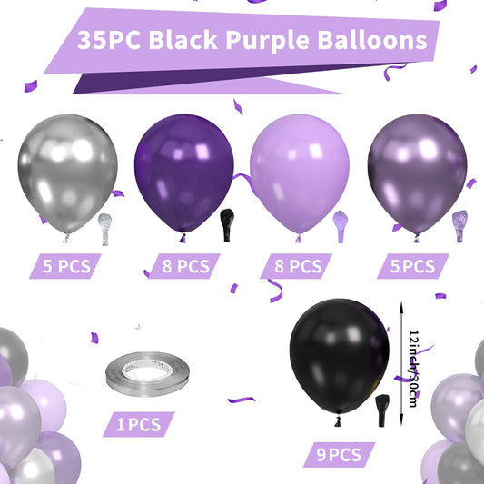 Purple and Black Balloons, Black Purple Balloons Metallic Silver Metallic Purple Balloons, Black Lilac Balloons for Women Girls Birthday Wedding Engagement Graduation Halloween Theme Party Decoration