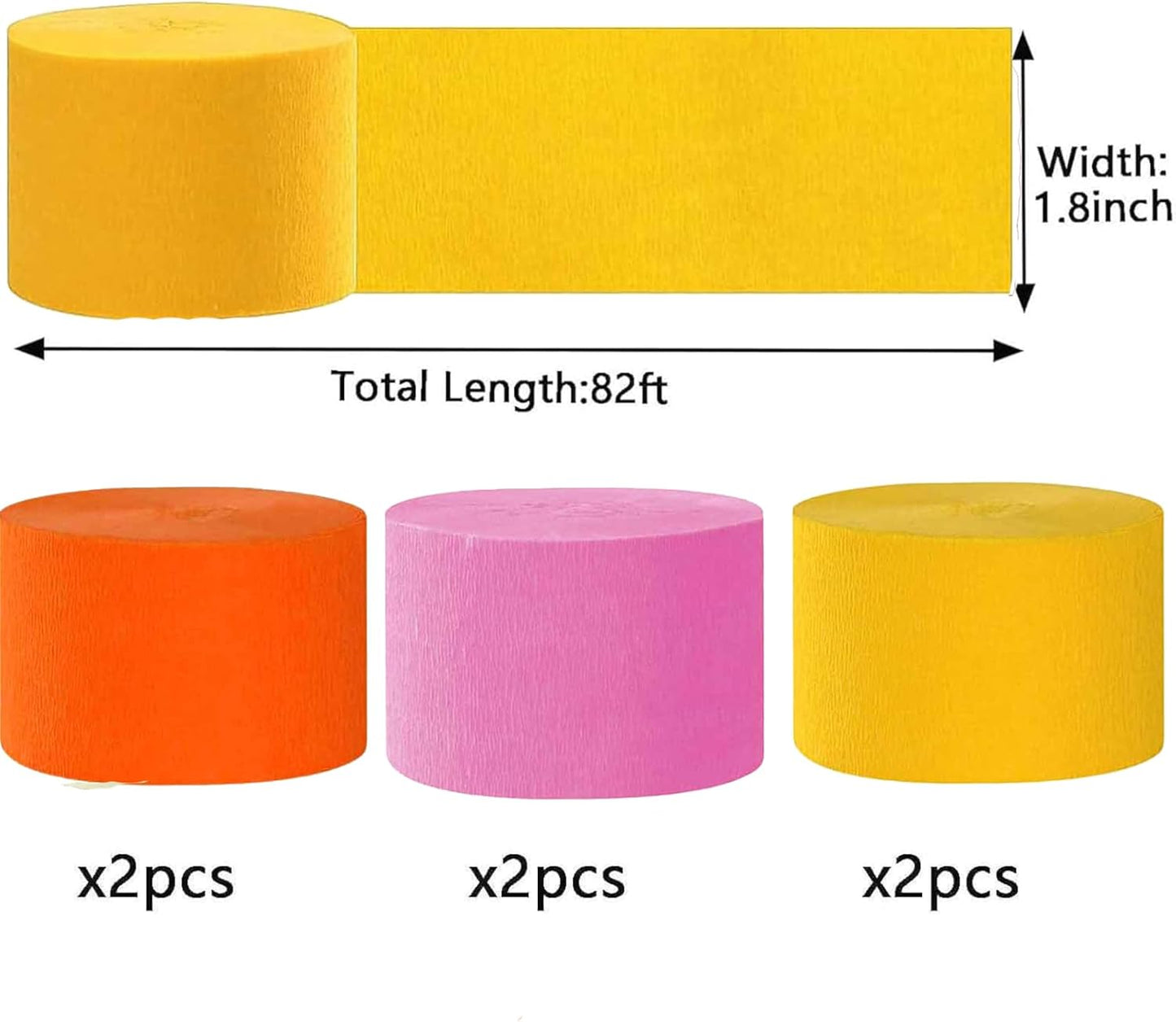 We Moment Pink Orange and Yellow Crepe Paper Streamers Party Streamer 1.8 Inch Widening 6 Rolls,Party Decoration Streamer 82 feet per roll for Birthday Party Decoration