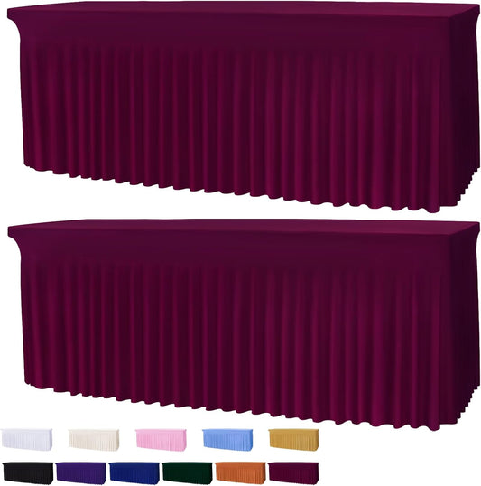 Table Skirts for 8ft Rectangle Tables - 2PCS Red Table Covers for 8 Foot Tables, Wrinkle Resistant Ruffles Elastic Table Cloths and Table Skirt for Banquets/Weddings/Parties/Birthday