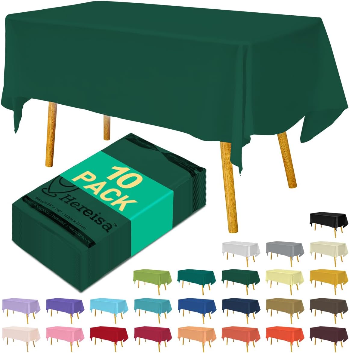 Disposable Dark Green Plastic Tablecloth 54x108 Inch, 10-Count Waterproof Rectangle Table Cover for Events, Catering