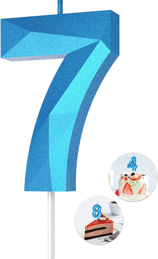Number Birthday Candles(7 Candle Blue) 3D Diamond Shape Number Happy Birthday Cake Candles for Birthday Party Wedding Decoration Reunions Theme Party