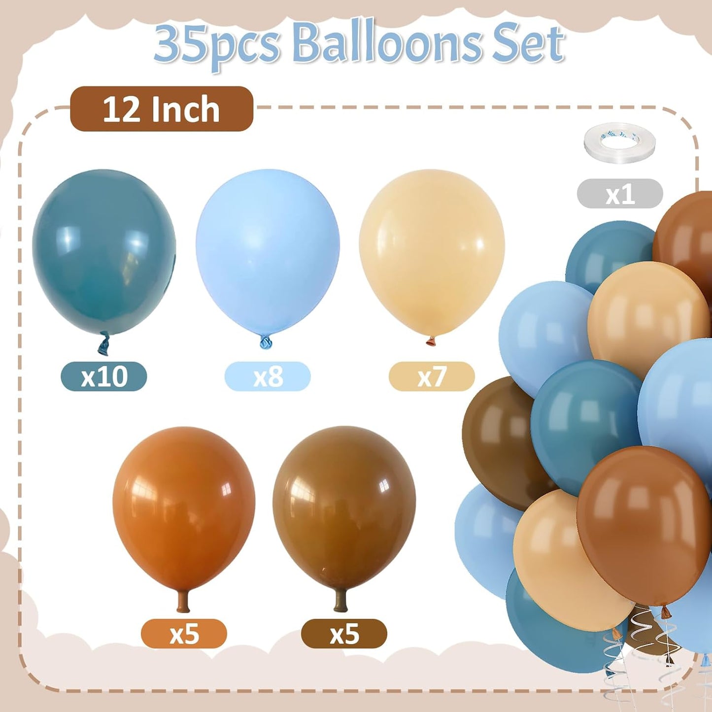 Blue Brown Balloons Dusty Blue Brown Cream Balloons for Bear Birthday Decorations 12INCH Tan Beige Nude Helium Latex Balloon for Arch Baby Shower Boy Kids Party Supplies Wedding Decor