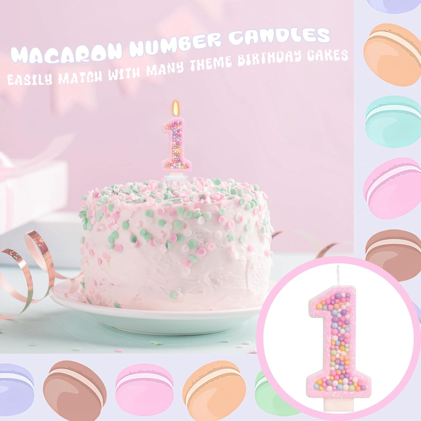 Sweet One Birthday Candles for Girls - Number 1 Candle, First Birthday Decorations for Girl, Fairy Cake Decorations, Colorful Macaron Candles for One Cake Topper (Pink)