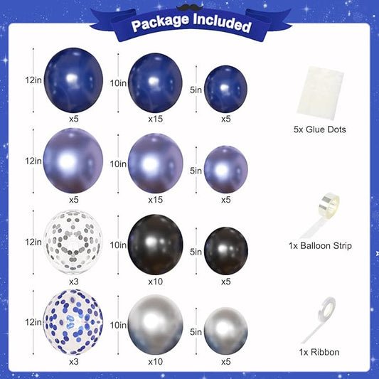 Navy Blue and Black Birthday Decorations for Men, Metallic Navy Blue Black Silver Foil Confetti Balloons Happy Birthday Banner Fringe Curtains Birthday Decorations for Boy Girls Women Men