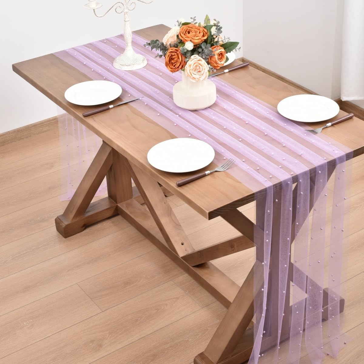 Lilac Pearl Fall Thanksgiving Table Runner Boho Rustic Tulle Lace Table Runner for Baby Shower Wedding Arch Decor Veil Dessert Table Decor