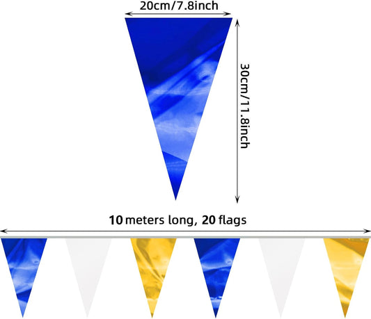 32.8FT Navy-Blue White Gold Glitter Triangle Pennant Banner Flag Metallic Bunting Fabric Garland for Christmas Graduation Retirement Wedding Bridal Shower Nautical Ahoy Achor Party Decorations Decor