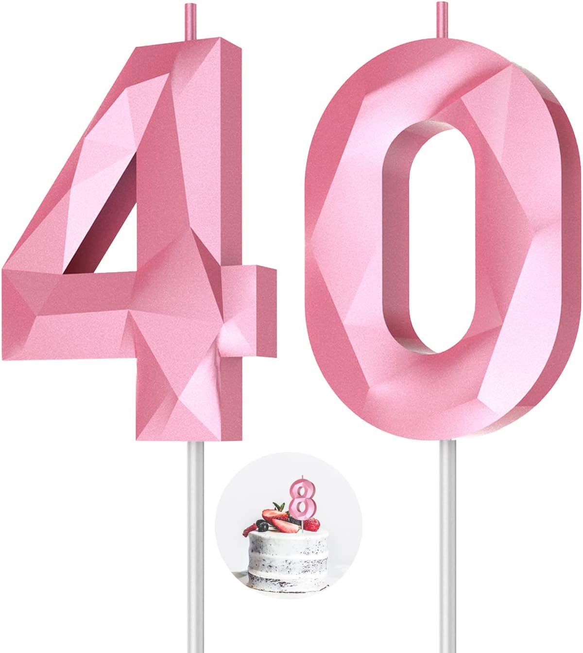 Number Birthday Candles(40 Candle Pink) 3D Diamond Shape 40th Happy Birthday Cake Topper Decorations for Women Men Birthday Wedding Anniversary Celebration Theme Party Supplies