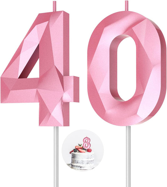 Number Birthday Candles(40 Candle Pink) 3D Diamond Shape 40th Happy Birthday Cake Topper Decorations for Women Men Birthday Wedding Anniversary Celebration Theme Party Supplies