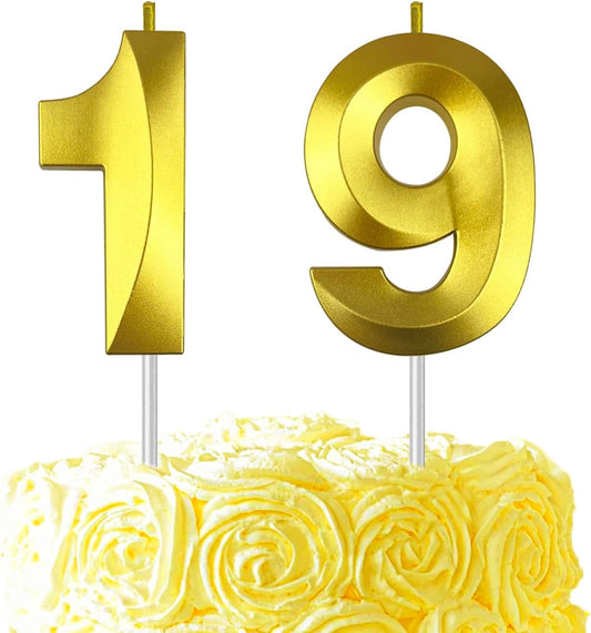 Gold Number 19 Candles, 3D Diamond 2.76 Inch Cake Topper Birthday Candles for Wedding Anniversary Cake Decorations, Happy Birthday Party Decorations