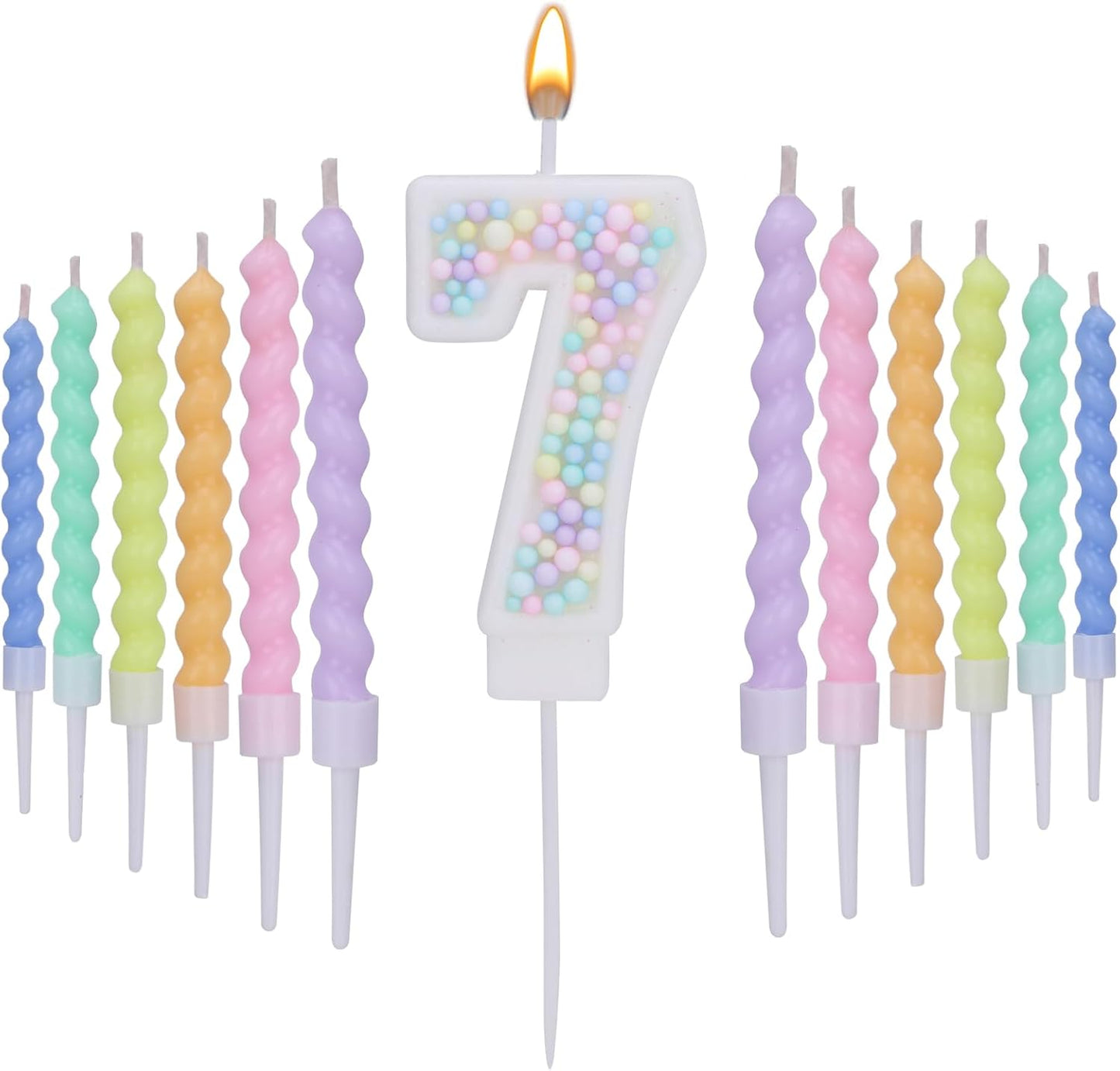 Number 7 Birthday Candles for Cake with 18 Pieces Spiral Candles with Macaron Pastel Rainbow Pink Cake Toppers for Girls Happy Birthday Party Decorations