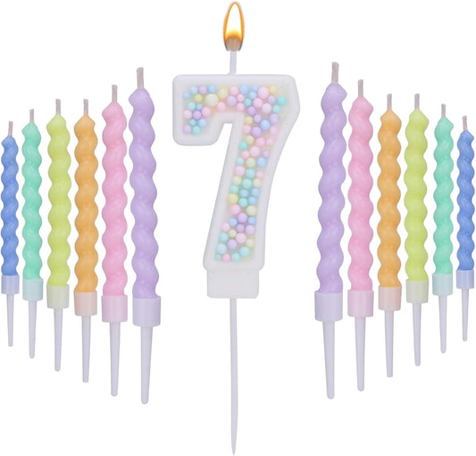 Number 7 Birthday Candles for Cake with 18 Pieces Spiral Candles with Macaron Pastel Rainbow Pink Cake Toppers for Girls Happy Birthday Party Decorations