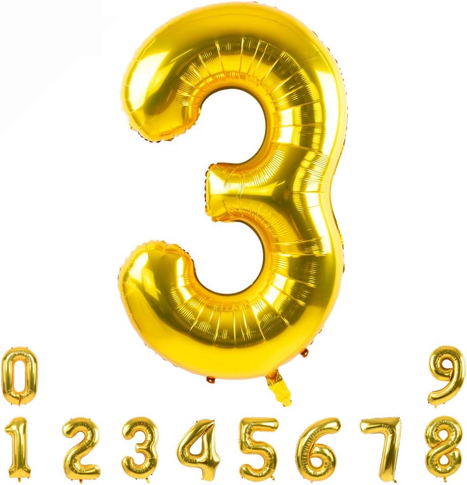 TONIFUL 40 Inch Gold Large Numbers Balloons0-9,Number 3 Digital Helium Balloons,Foil Mylar Big Number Balloons for Birthday Party Supplies Decorations