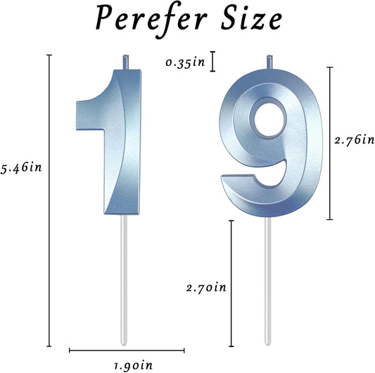 Blue Number 19 Candles, 3D Diamond 2.76 Inch Cake Topper Birthday Candles for Wedding Anniversary Cake Decorations, Happy Birthday Party Decorations