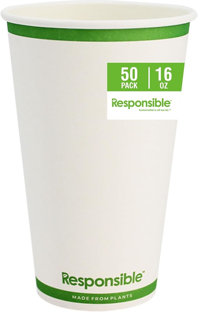 Responsible Products Certified Compostable 16 oz Paper Cups, Cold ＆ Hot Coffee Cups, Disposable Paper Cups, Extra Strength Disposable Cups, Made without PFAS (50 count)